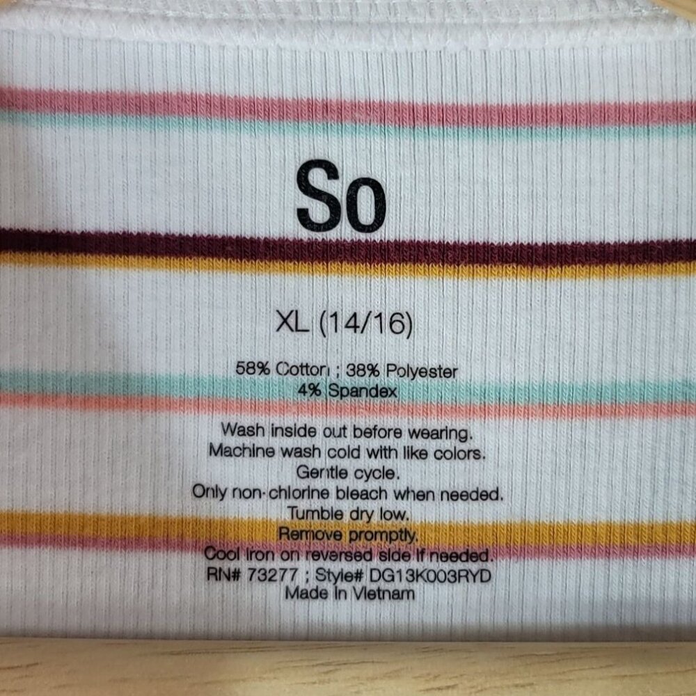SO Girls Striped Top Multi Size 14 XL Round Neck Curly Lettuce Hem Trim Pullover - Picture 6 of 6